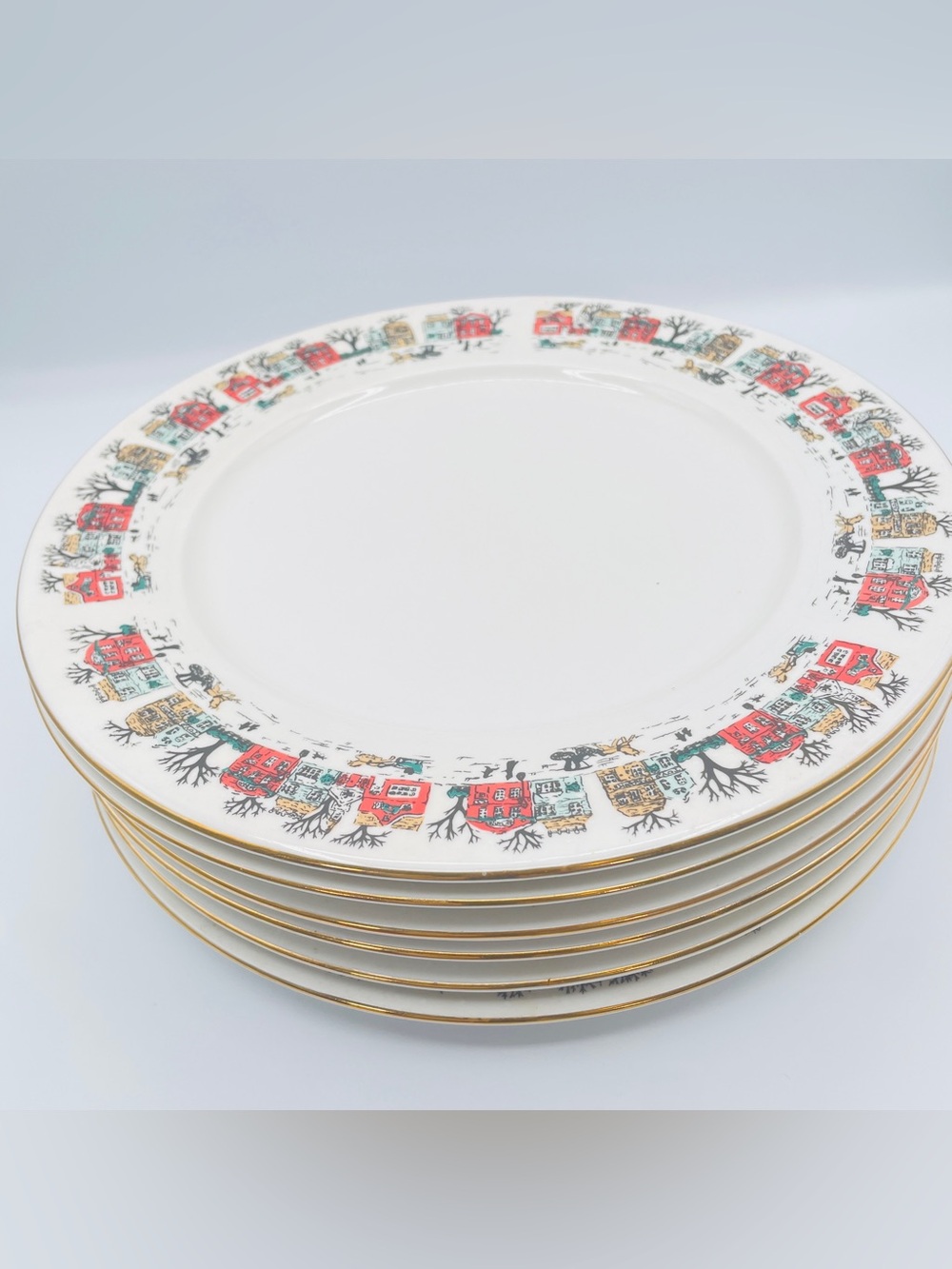 Lynn   Village Fine  China Dinner Plates Set of 6 Folk Art Houses Gold Trim